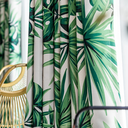 Jungle Whisper Deep Green Palm Leaf Blackout Curtains
