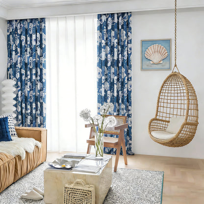 White Peony Navy Blue Curtains Floor-Length Drapes