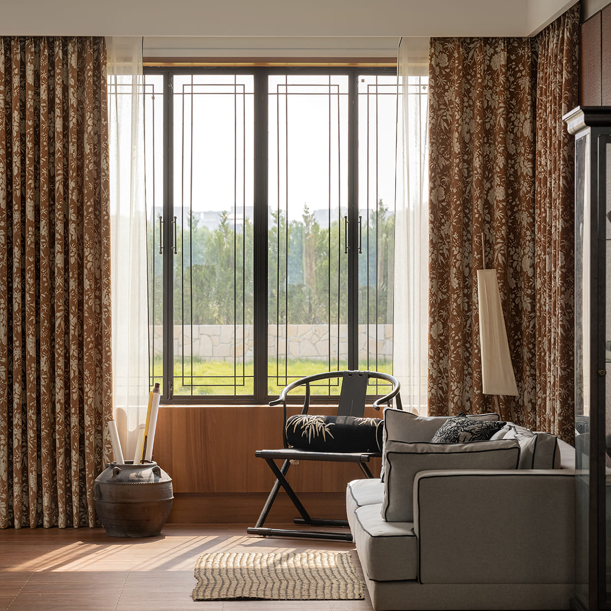 Warm Vintage Earthy Brown Floral Botanical Retro Chenille Curtains
