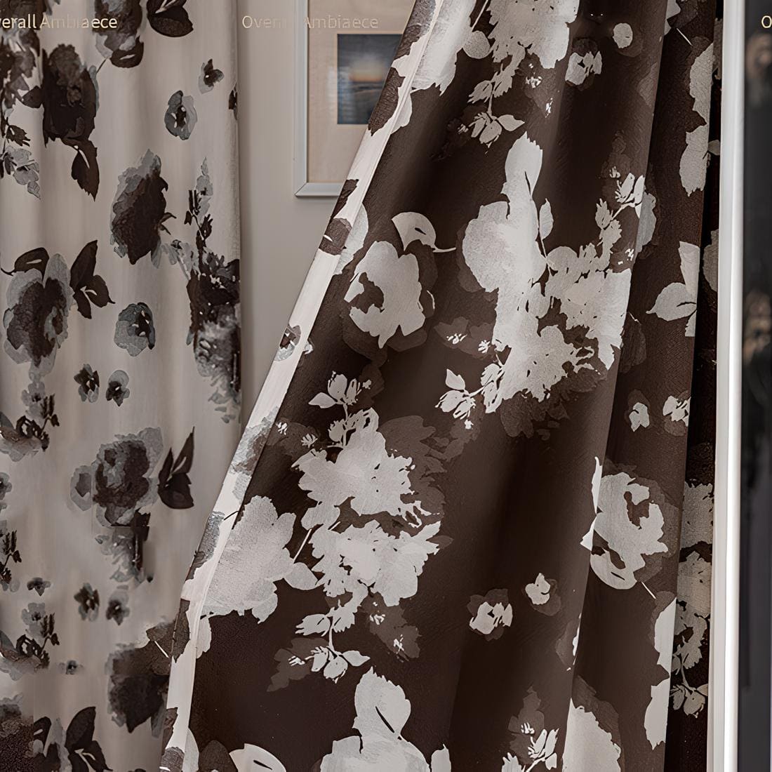 Modern Elegant Ivory Dark Watercolor Floral Chenille Drapes