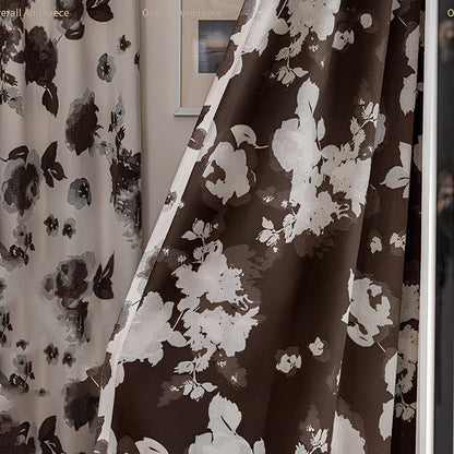 Modern Elegant Ivory Dark Watercolor Floral Chenille Drapes
