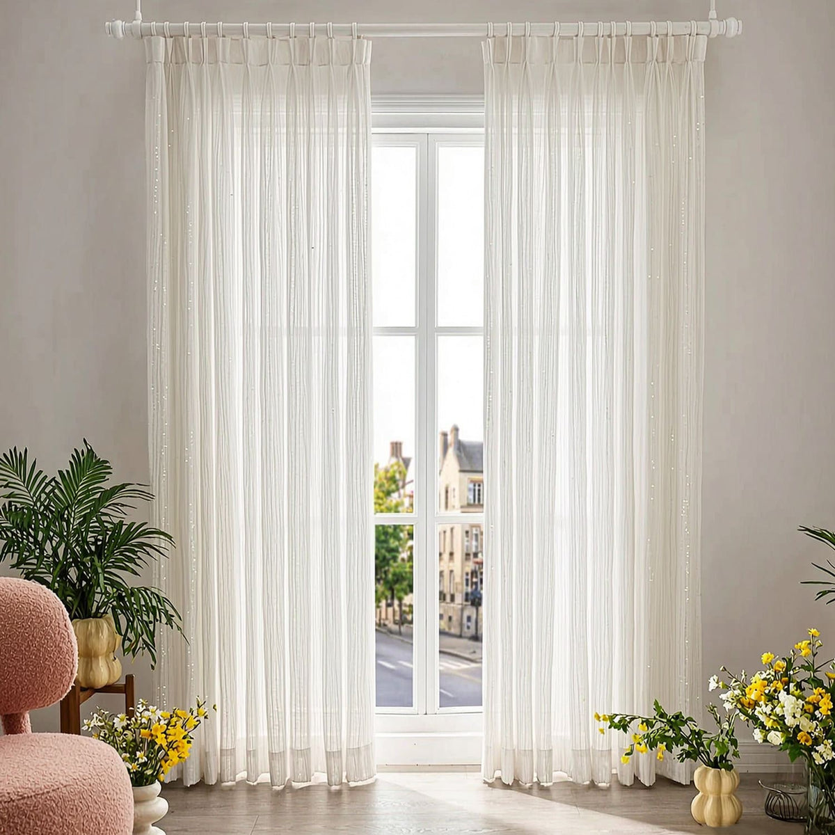Chic Gleaming White Wave Sheer Pinch Pleat Curtain with Subtle Sparkle