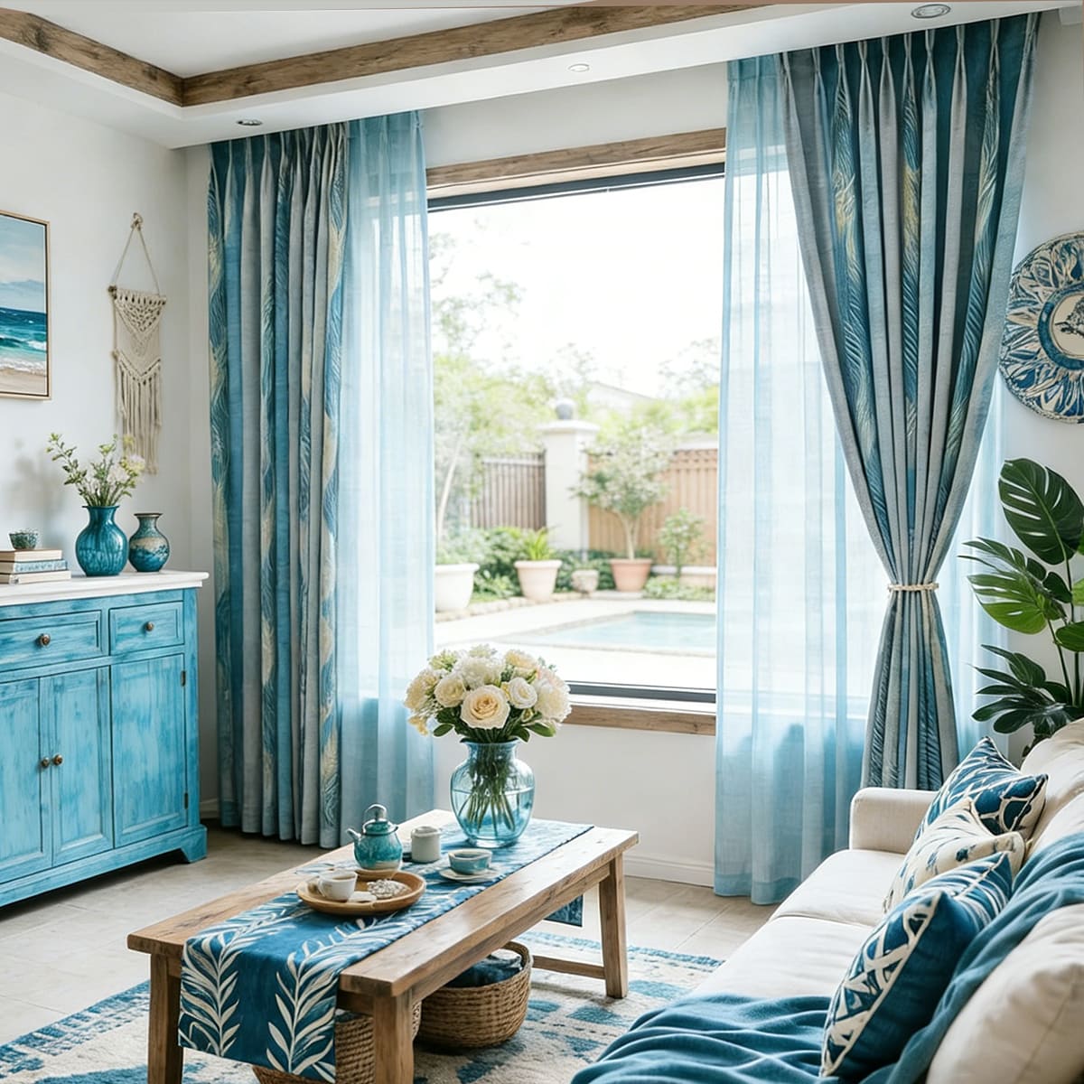 Flowing Dream Curtains Blue Gray Striped Art Painting Drapes