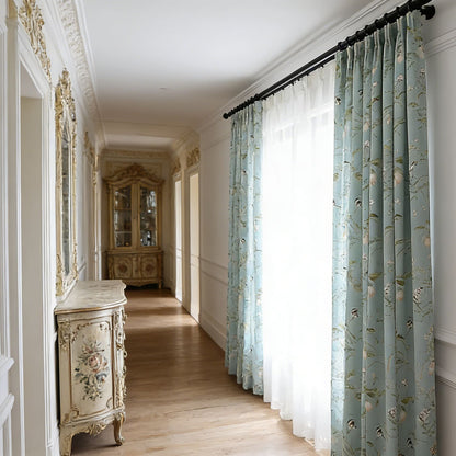 Nature-Inspired Blue Cottage White Blossom & Swallow Curtains