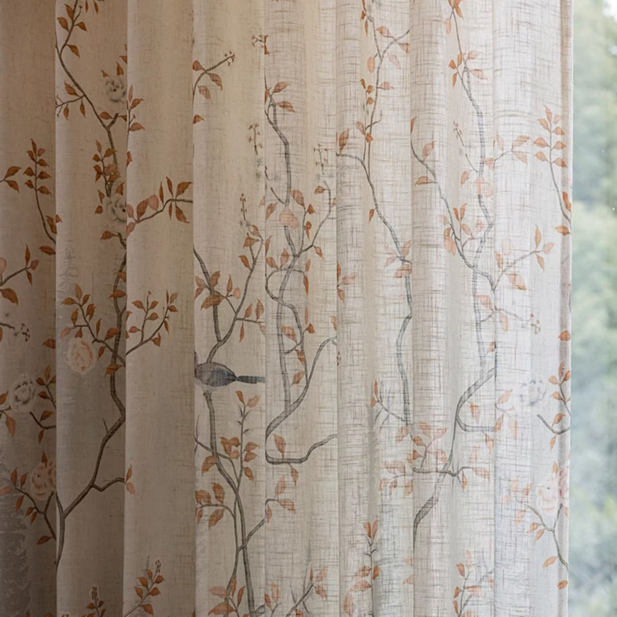 Warm Tone Linen Sheer Autumn Branch & Songbird Privacy Pinch Pleat Sheer Curtain