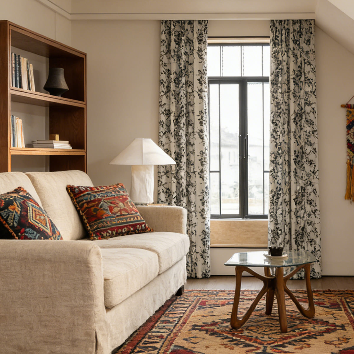Rideaux à motifs géométriques bleus pour chambre à coucher