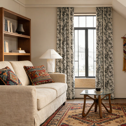 Rideaux à motifs géométriques bleus pour chambre à coucher