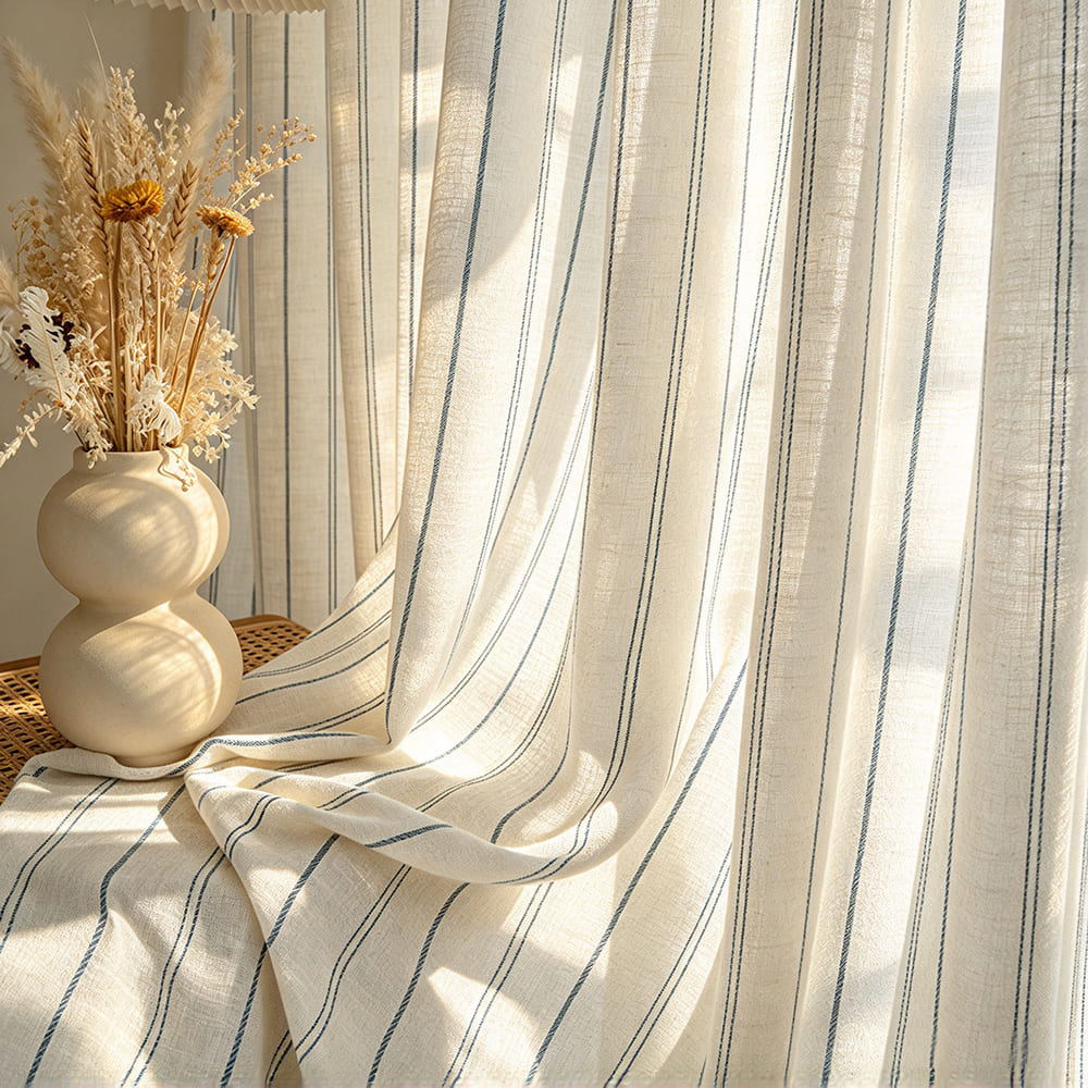 Rustic Natural Linen Sheer Curtain with Blue Stripes