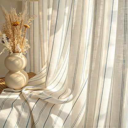 Rustic Natural Linen Sheer Curtain with Blue Stripes