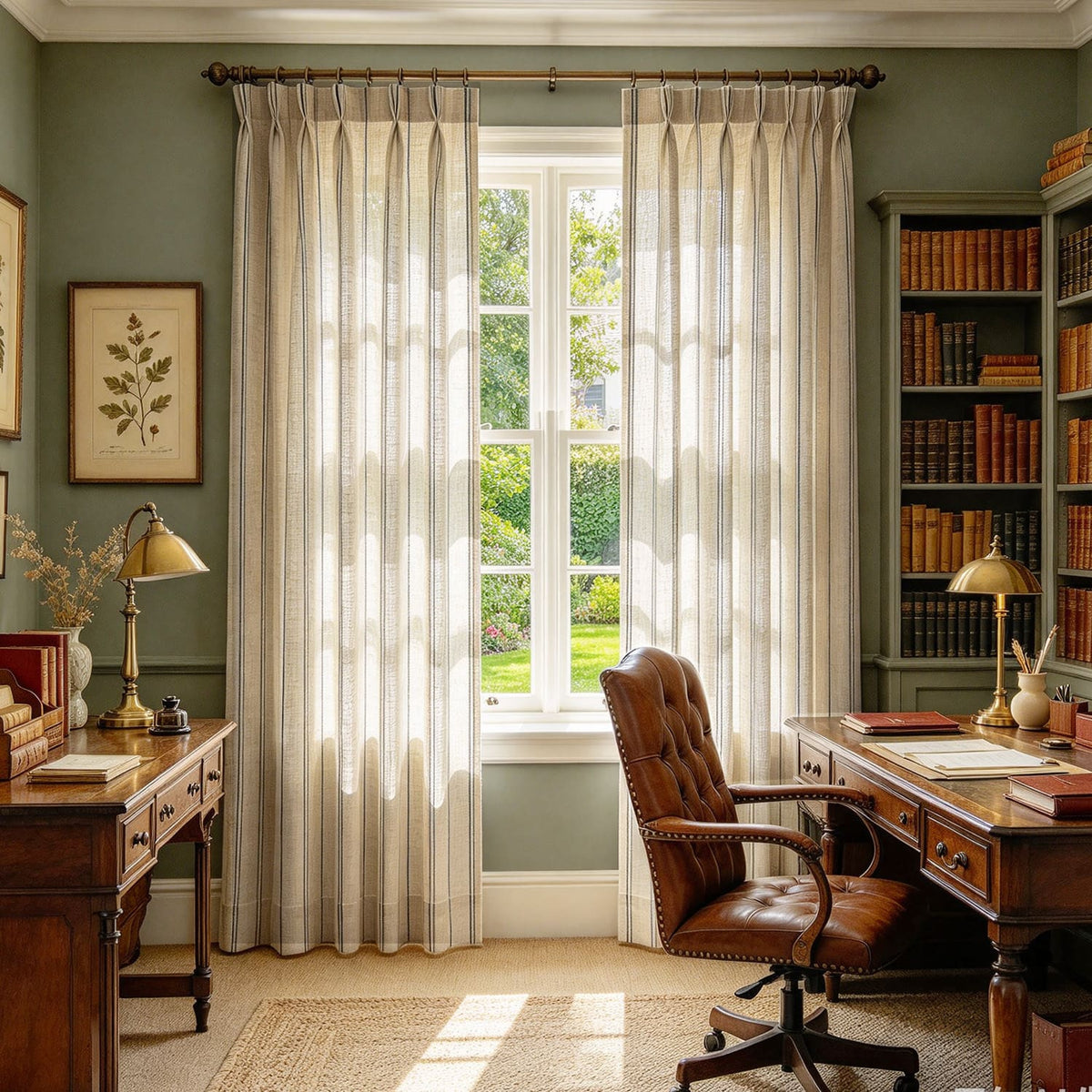 Rustic Natural Linen Sheer Curtain with Blue Stripes