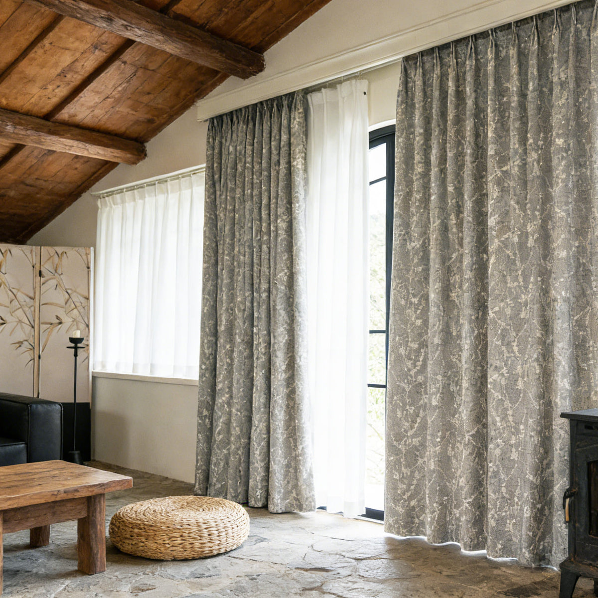 Cozy Living Soft Taupe Printed Subtle Blossom & Vine Curtain