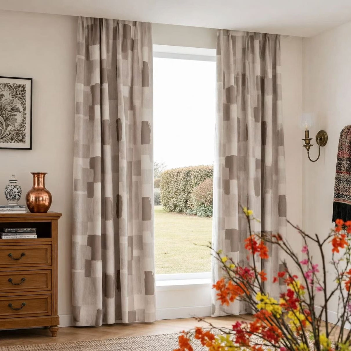 Thickened Elegant Gentleman Plaid Geometric Jacquard Taupe Brown Curtains