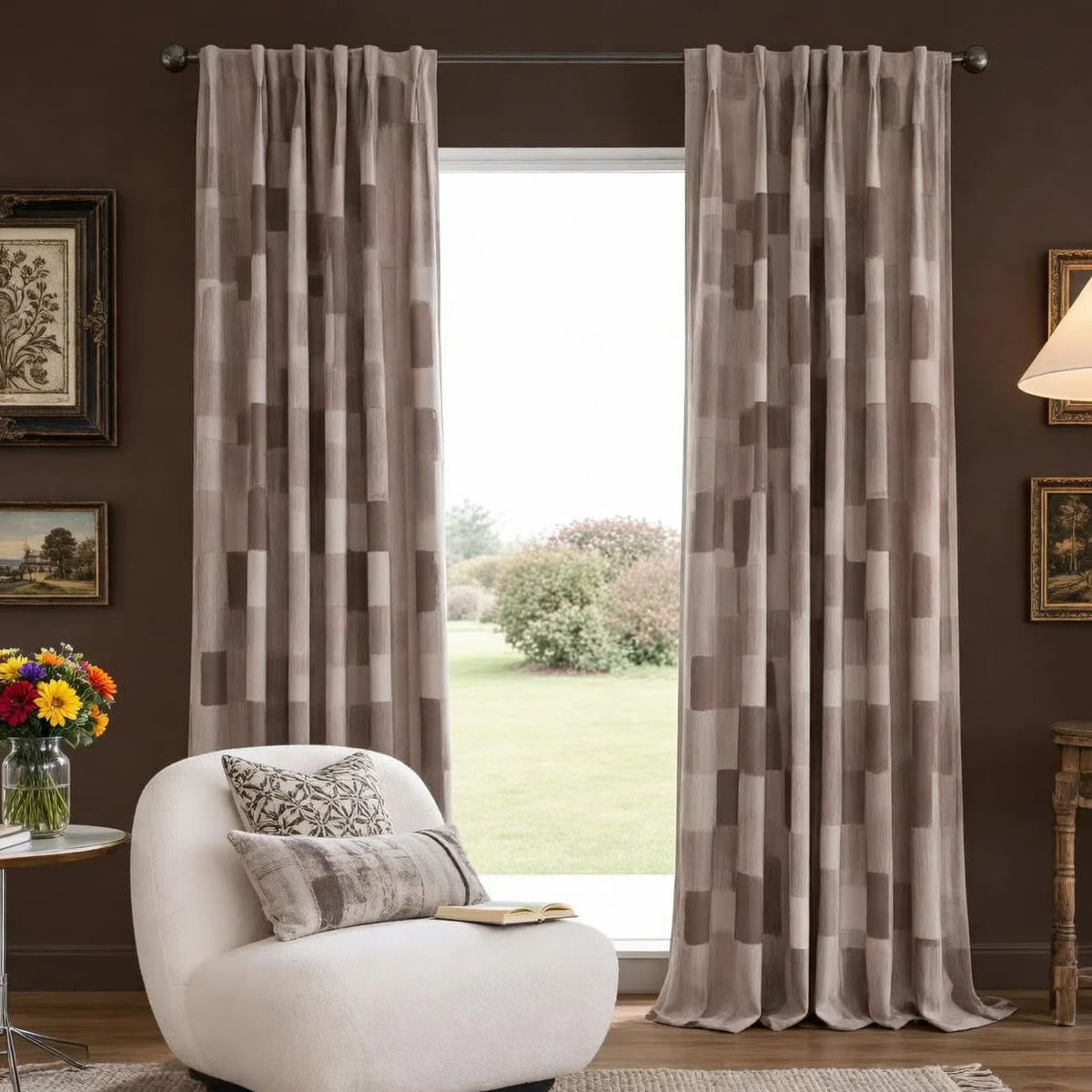 Thickened Elegant Gentleman Plaid Geometric Jacquard Taupe Brown Curtains