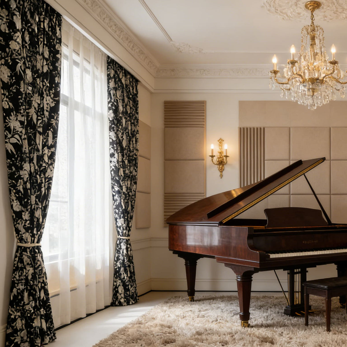 Stately Retro Black Base White Floral Chenille Jacquard Blackout Curtains