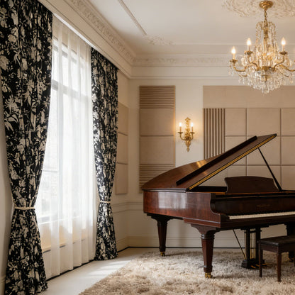 Stately Retro Black Base White Floral Chenille Jacquard Blackout Curtains