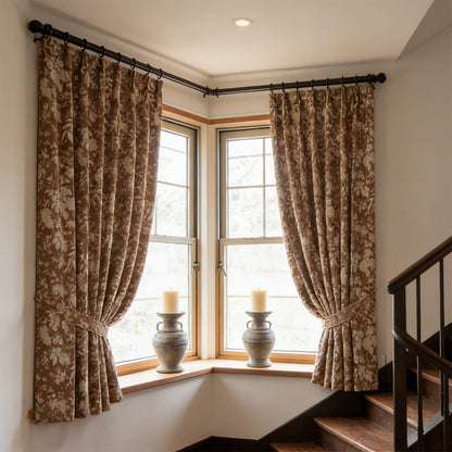 Warm Vintage Earthy Brown Floral Botanical Retro Chenille Curtains
