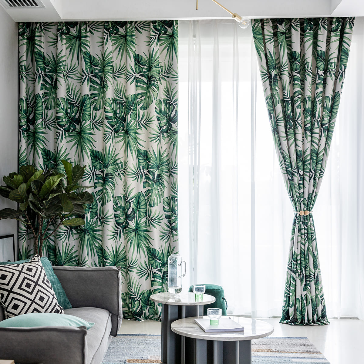 Jungle Whisper Deep Green Palm Leaf Blackout Curtains