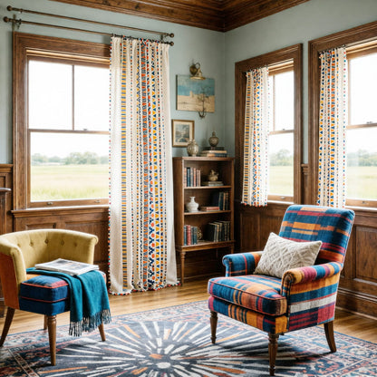 Bohemian Style Cotton Linen Curtains with Pom Pom Trims Drapes