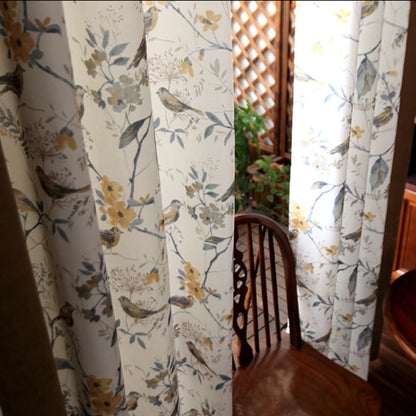 Garden Mustard Gray Birds Yellow Blossom Print Curtain Panels