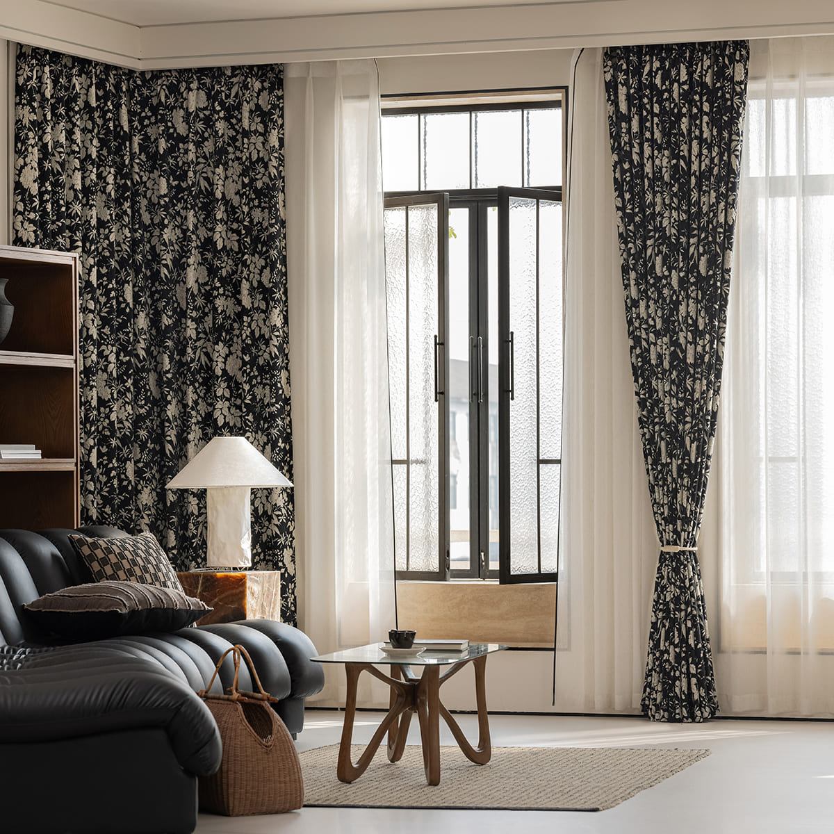 Stately Retro Black Base White Floral Chenille Jacquard Blackout Curtains