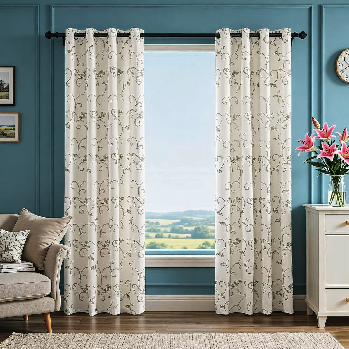 Embroidered Green Vine Curtains Linen Drapes for Livingroom