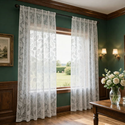 White Leaf Sheer Curtains for Living Room Bedroom Voiles 2 Panels