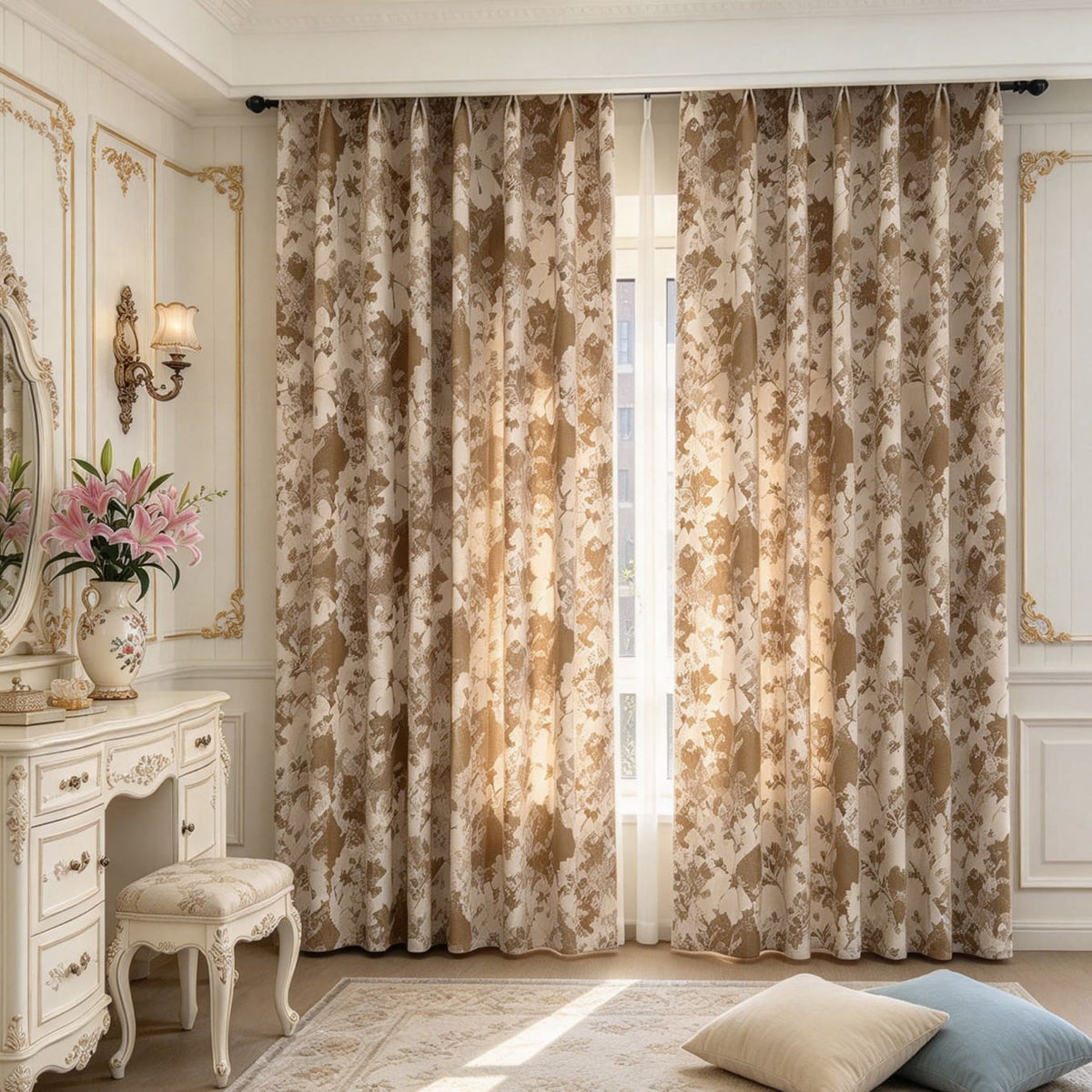 Classic Elegance Brown Chenille Jacquard Floral Bedroom Curtain Room Decor