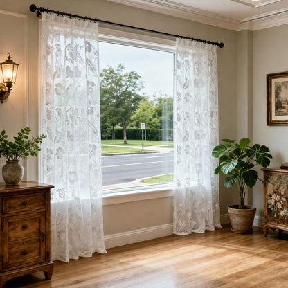 Ethereal Sheer White Floral Jacquard Window Curtains