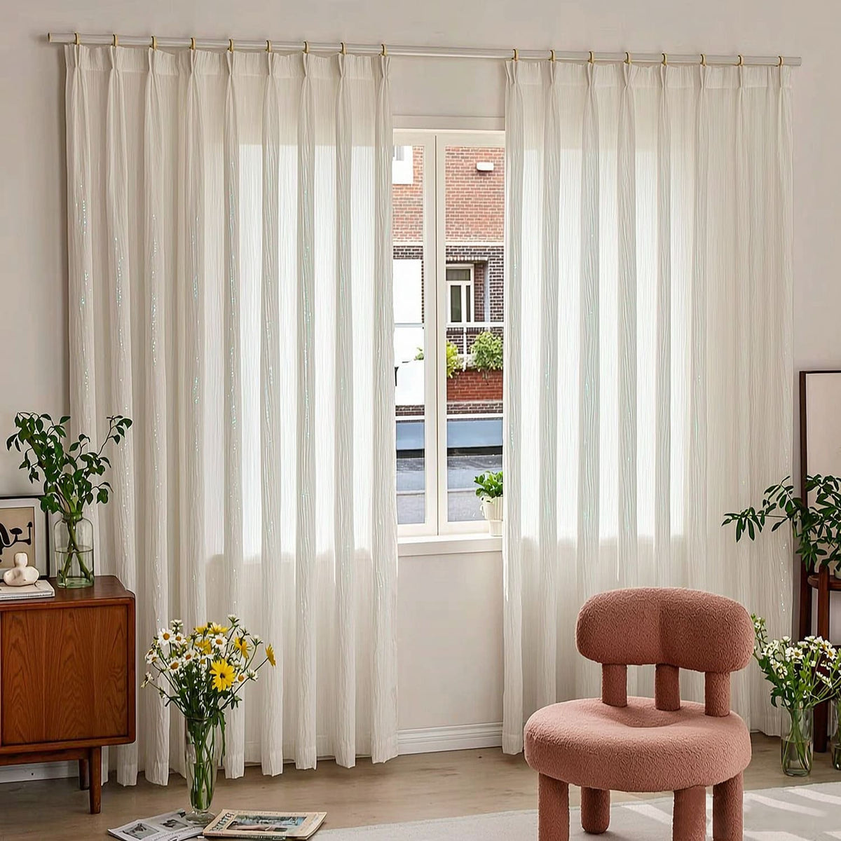 Chic Gleaming White Wave Sheer Pinch Pleat Curtain with Subtle Sparkle