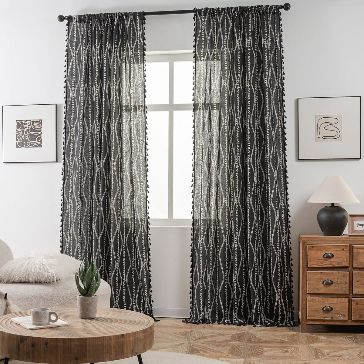 Rideaux de cuisine en lin et coton ondulé de Style bohème, avec pompons noirs