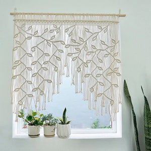 Beige boho macrame cotton cord wall curtain leaf pattern woven window hanging