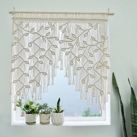Beige boho macrame cotton cord wall curtain leaf pattern woven window hanging