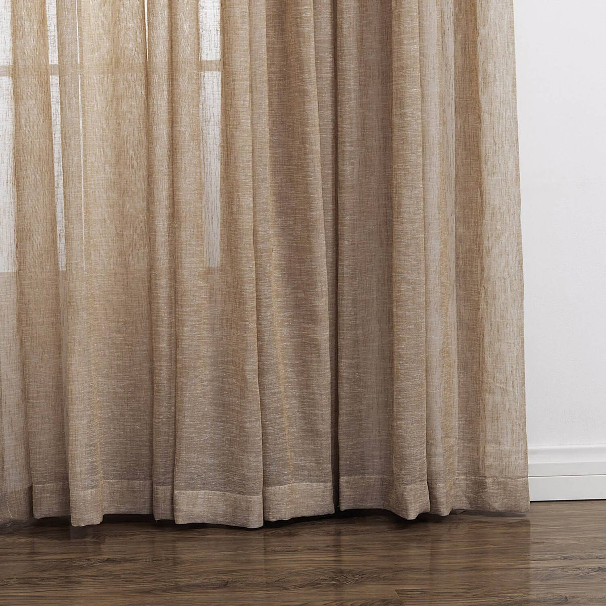 beige long floor to ceiling sheer curtains