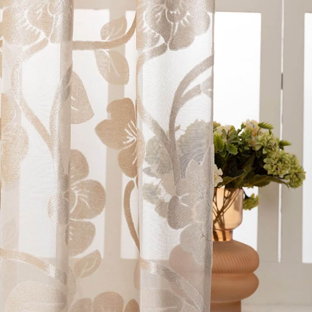 Beige patterned semi sheer curtains floral window sheers for french doors