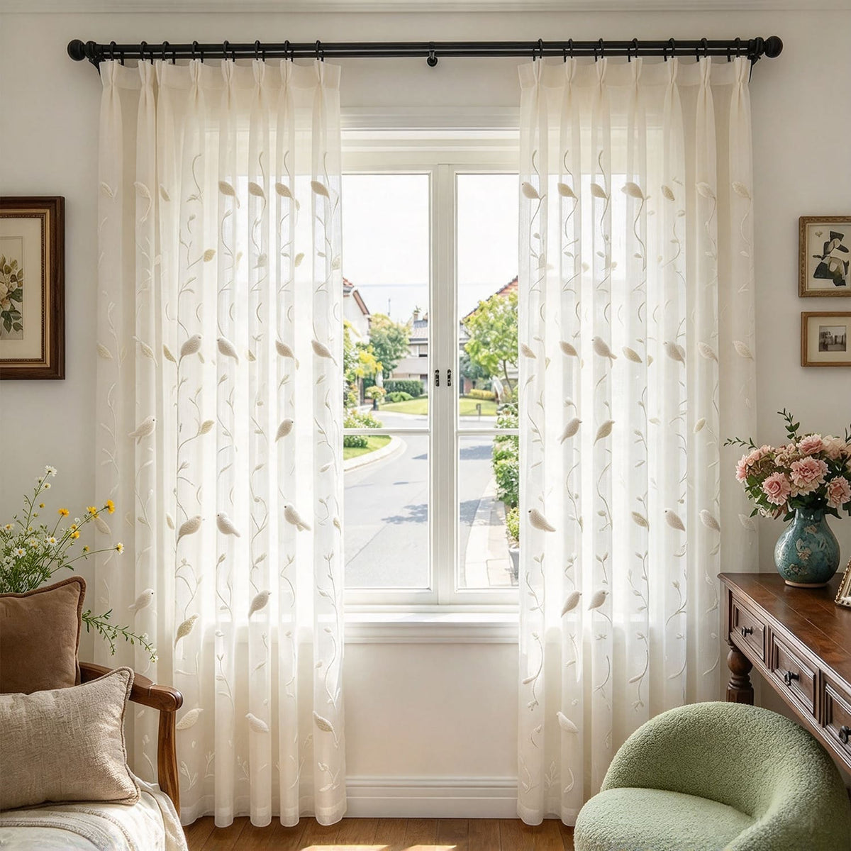 3D Furry Bird Embroidered Sheer Curtains White Window Sheers 2 Panels