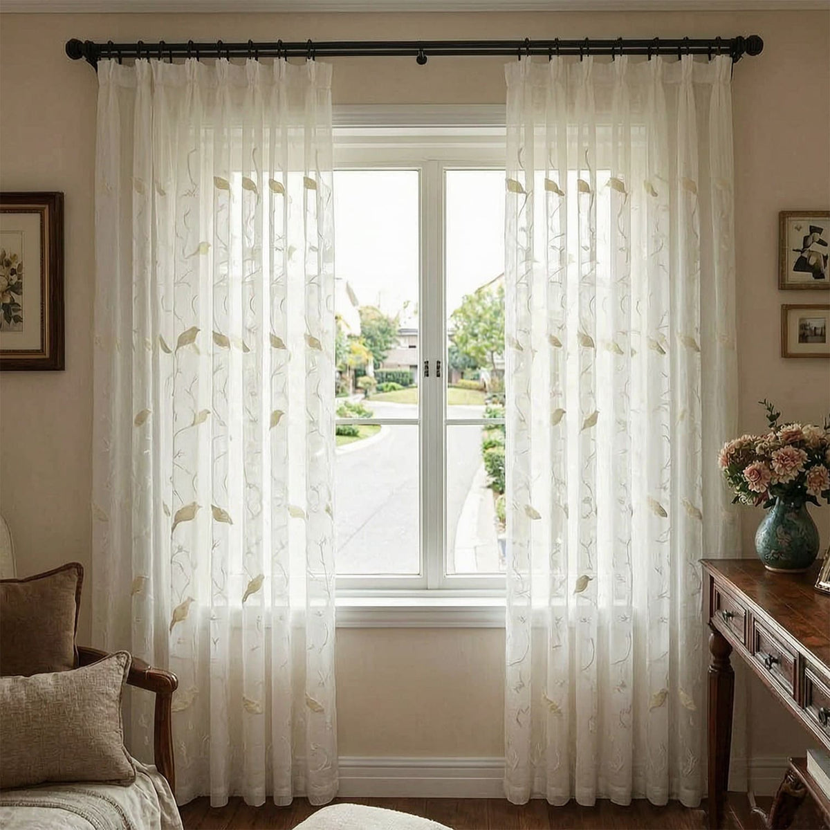 3D Furry Bird Embroidered Pinch Pleat Sheer Curtains White Window Sheers