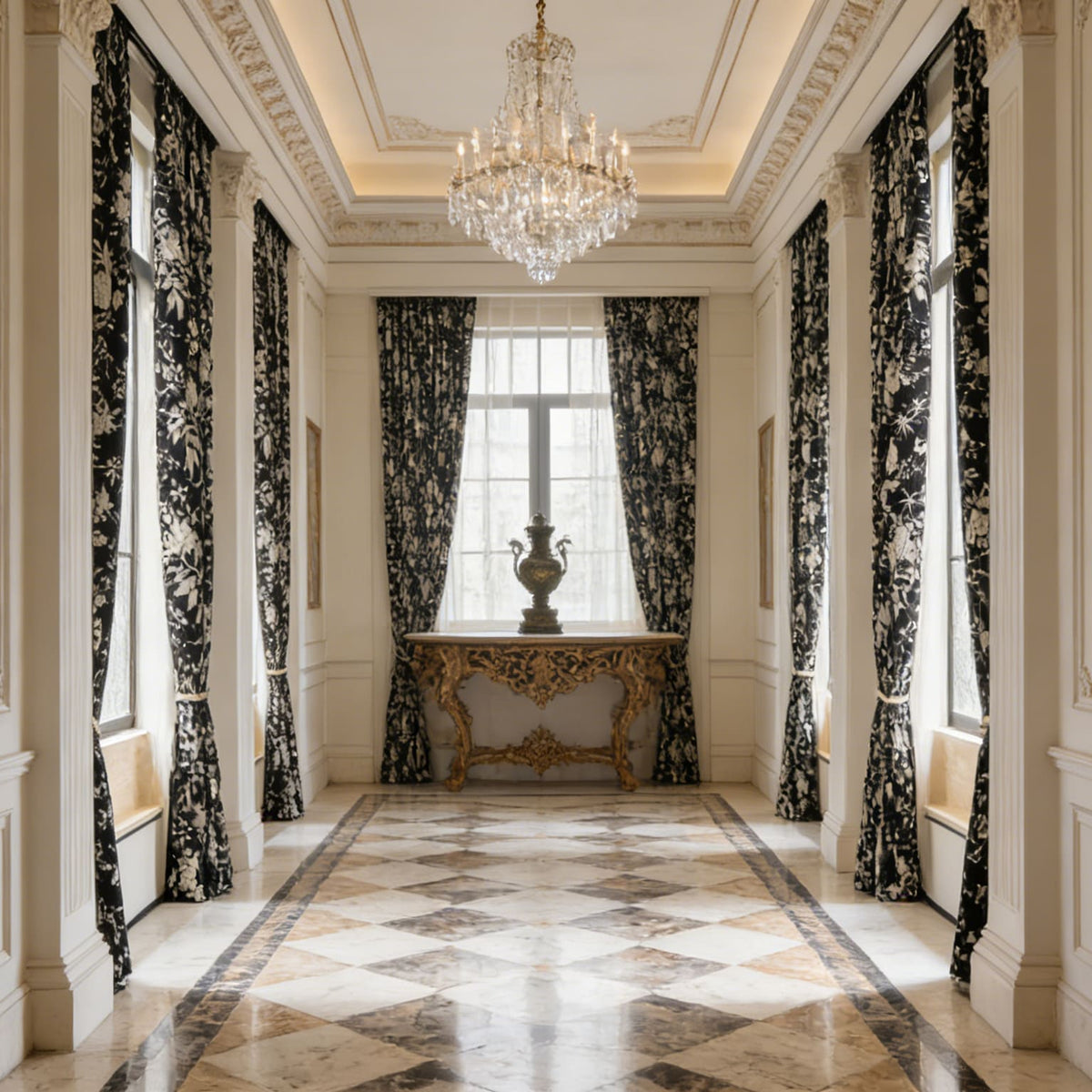 Stately Retro Black Base White Floral Chenille Jacquard Blackout Curtains