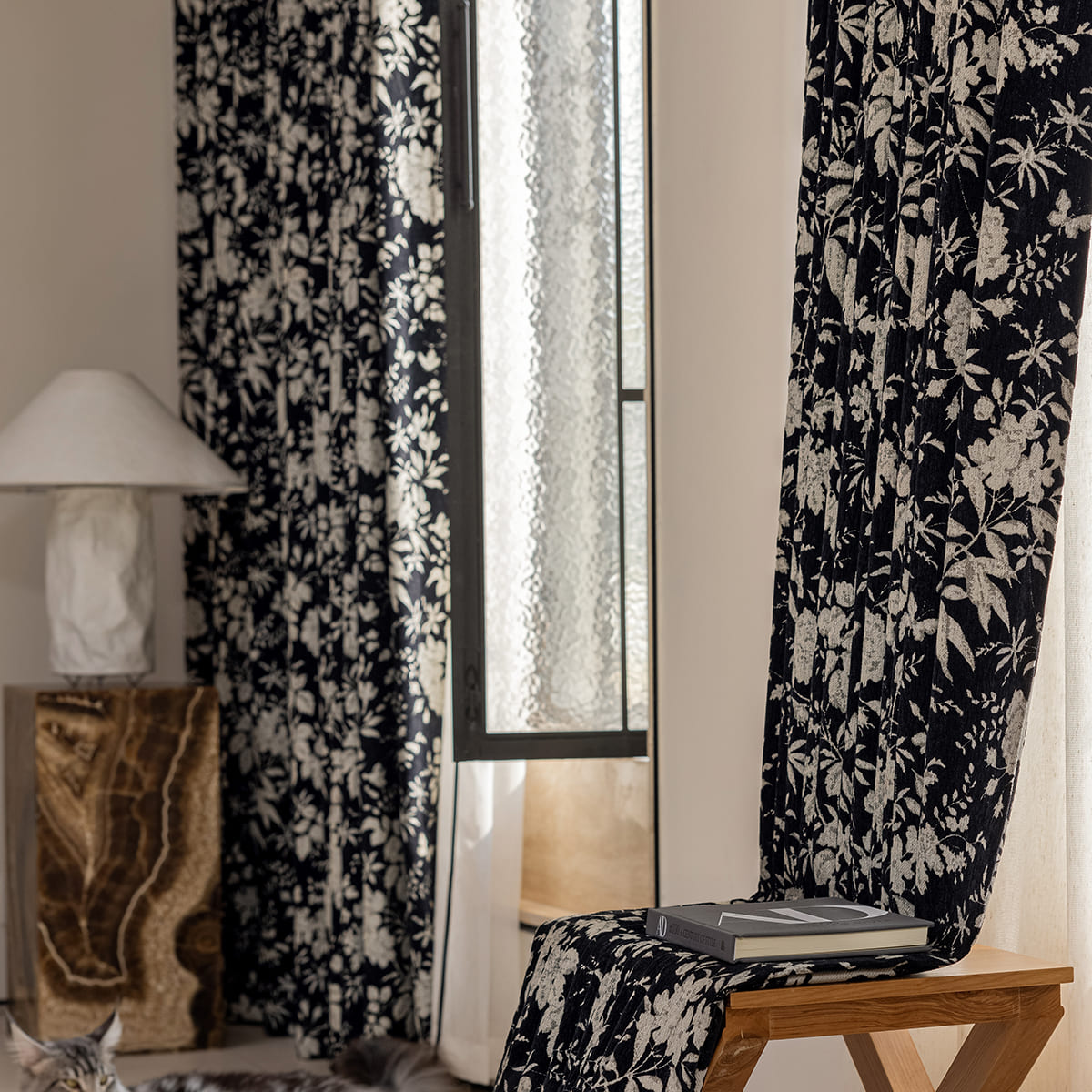 Stately Retro Black Base White Floral Chenille Jacquard Blackout Curtains