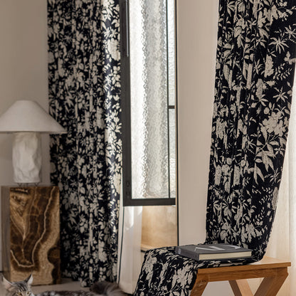 Stately Retro Black Base White Floral Chenille Jacquard Blackout Curtains