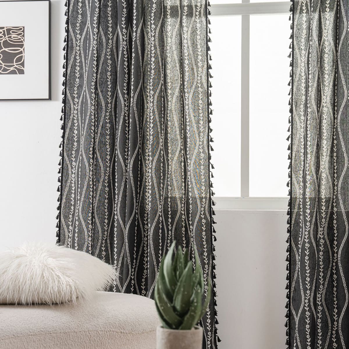 Rideaux de cuisine en lin et coton ondulé de Style bohème, avec pompons noirs