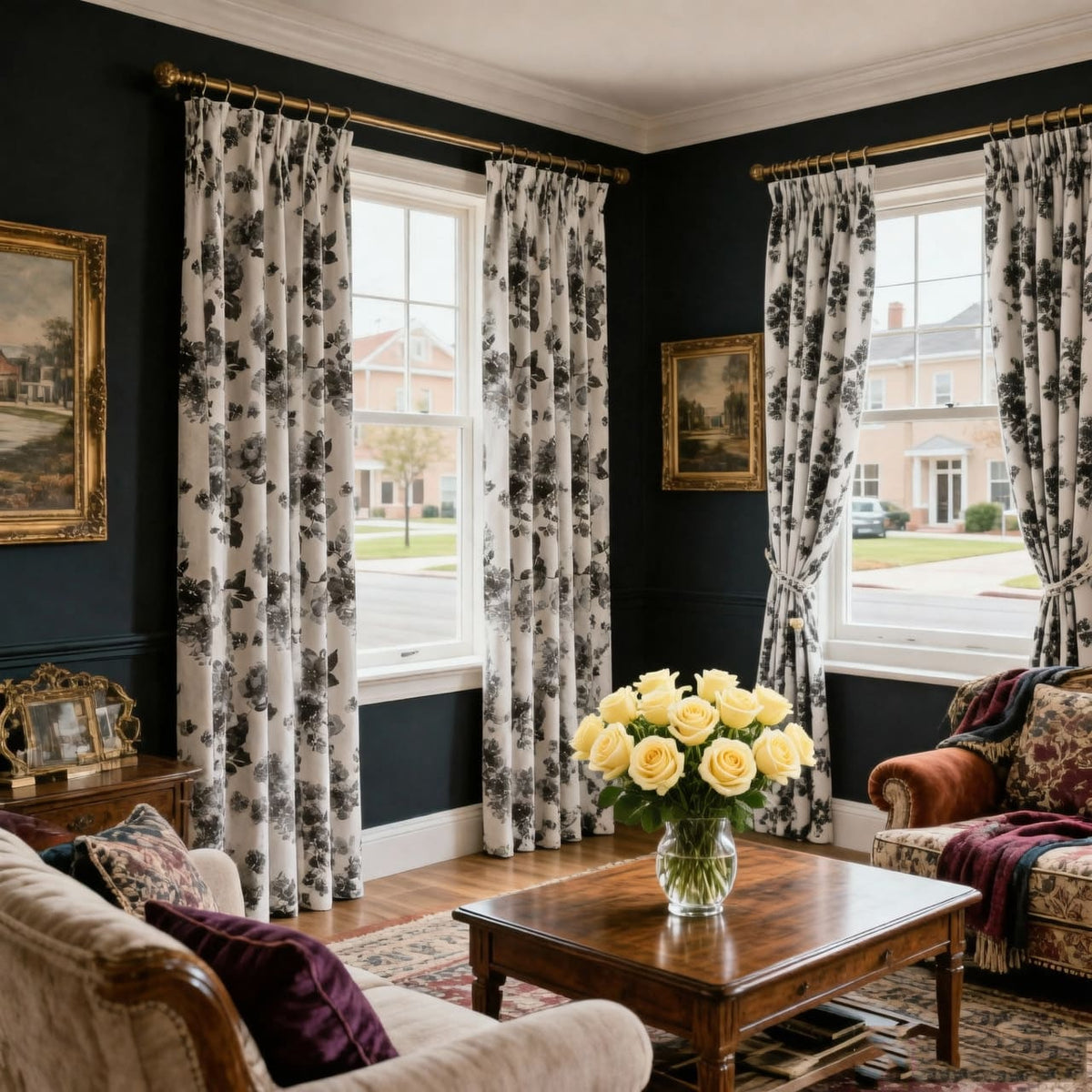 Modern Elegant Ivory Dark Watercolor Floral Chenille Drapes