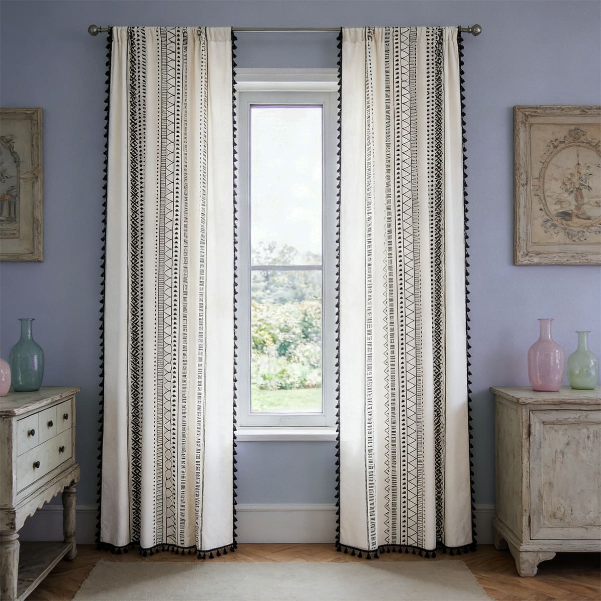 Geometric Bohemian Style Cotton Linen Cream Curtains with Tassels