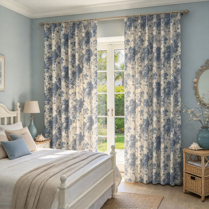 Blue Off White Floral Chenille Jacquard Curtains Vintage Botanical Pattern Window Drapes