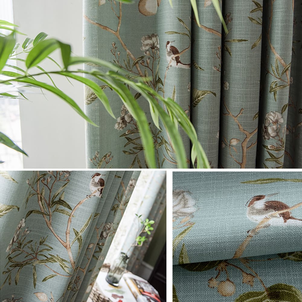 Nature-Inspired Blue Cottage White Blossom & Swallow Curtains