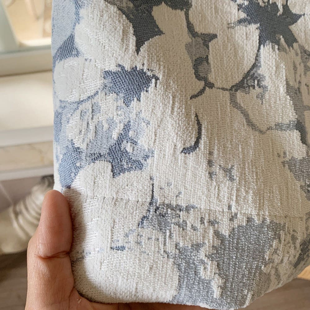 Blue Off White Floral Chenille Jacquard Curtains Vintage Botanical Pattern Window Drapes