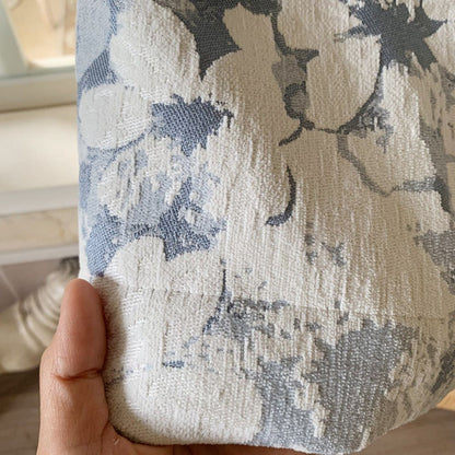 Blue Off White Floral Chenille Jacquard Curtains Vintage Botanical Pattern Window Drapes