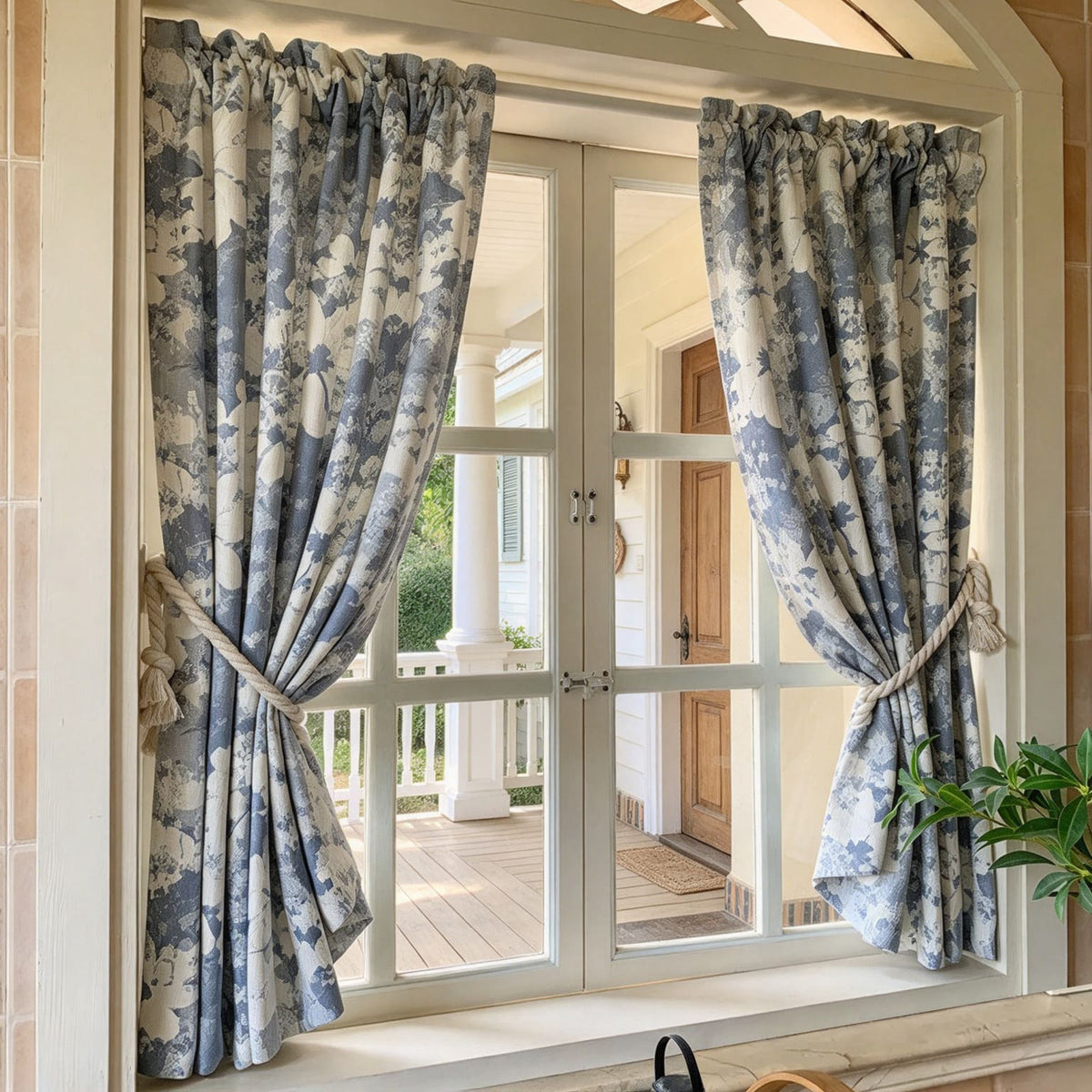 Blue Off White Floral Chenille Jacquard Curtains Vintage Botanical Pattern Window Drapes