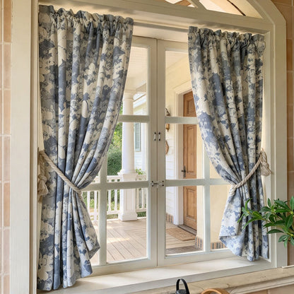 Blue Off White Floral Chenille Jacquard Curtains Vintage Botanical Pattern Window Drapes