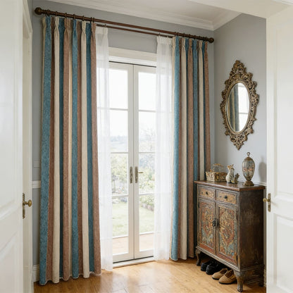 Sophisticated Stripes Teal/Beige/Brown Chenille Curtains for Modern Elegance