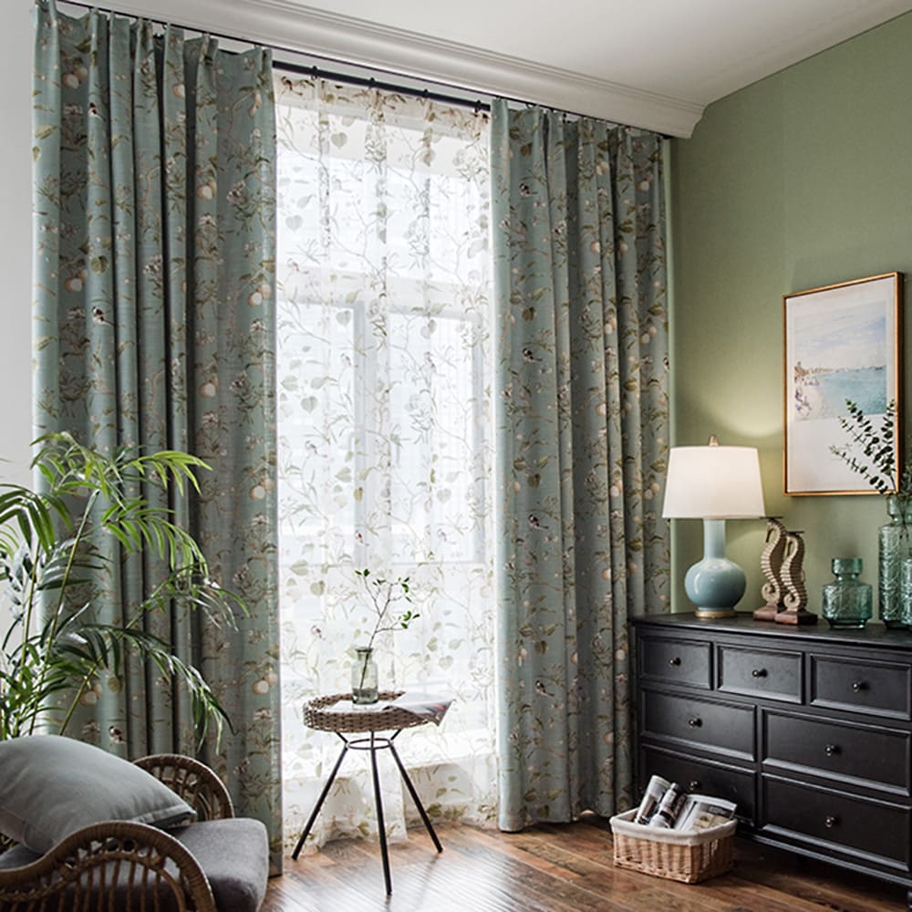 Classic Retro Blue Pinch Pleat Curtains Birds Peach Country Nature-Inspired Drapes